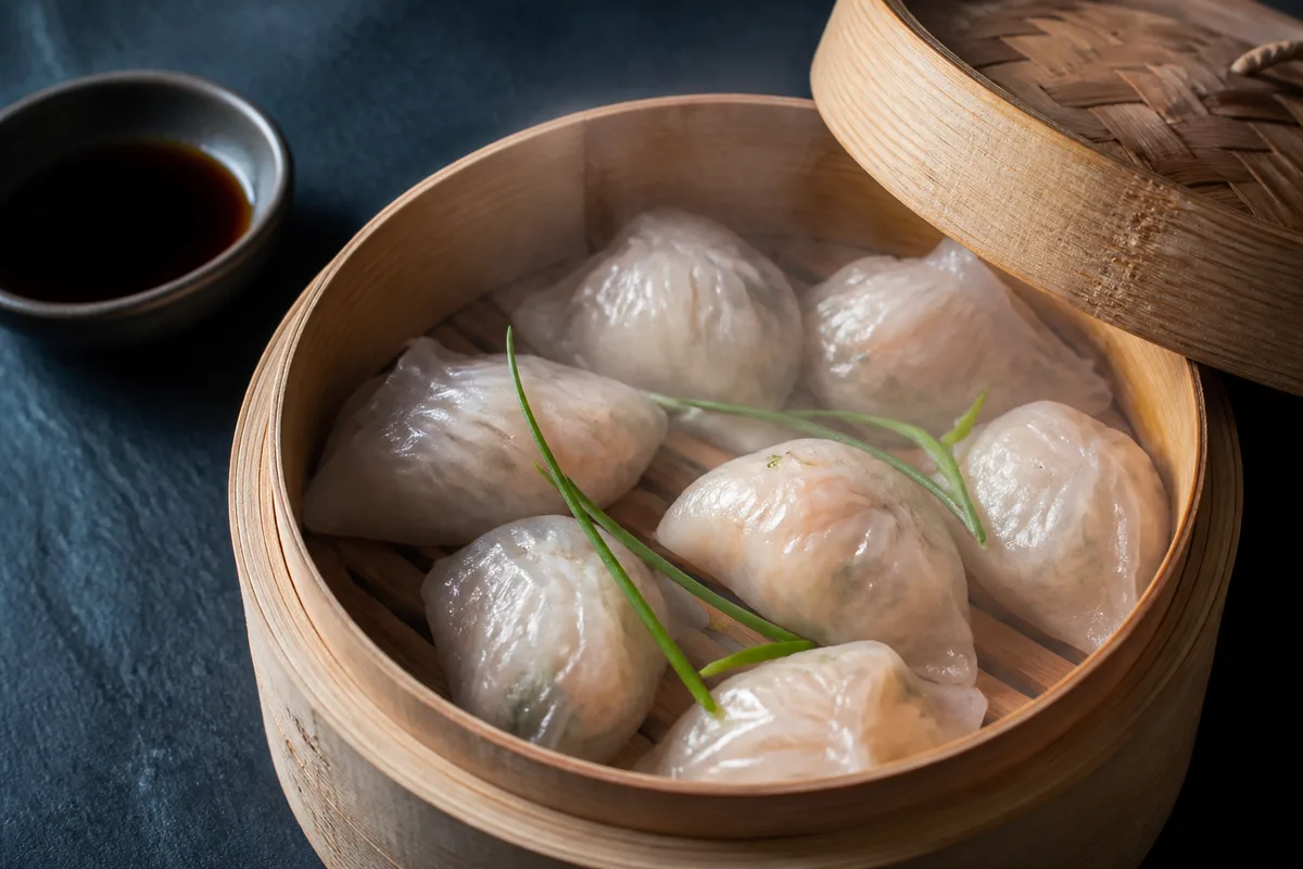Petits raviolis vapeur translucides disposés dans un panier en bambou