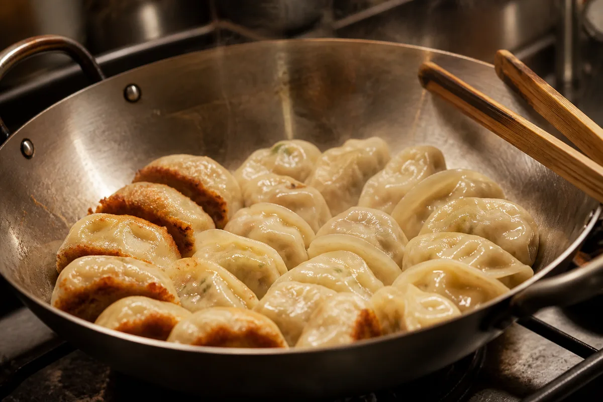 Raviolis poêlés dorés sur leur base dans un wok à fond plat