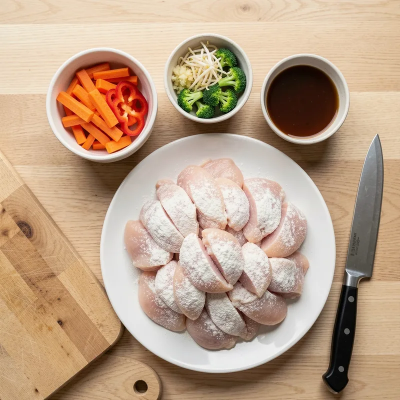 Blancs de poulet émincés, légumes taillés et bols de sauce alignés sur un plan de travail