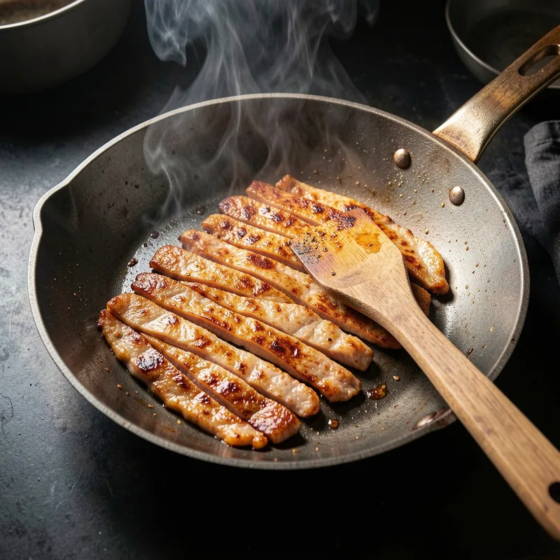 Lamelles de poulet dorées saisies en une seule couche dans un wok en acier fumant