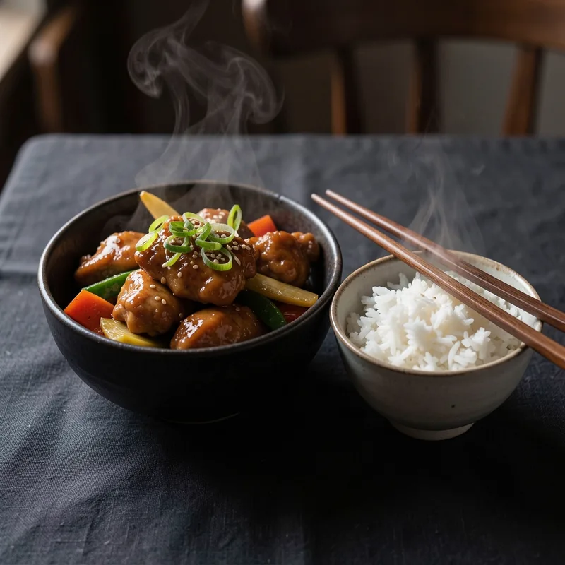 Wok de poulet aux légumes croquants dressé dans un bol avec du riz blanc fumant